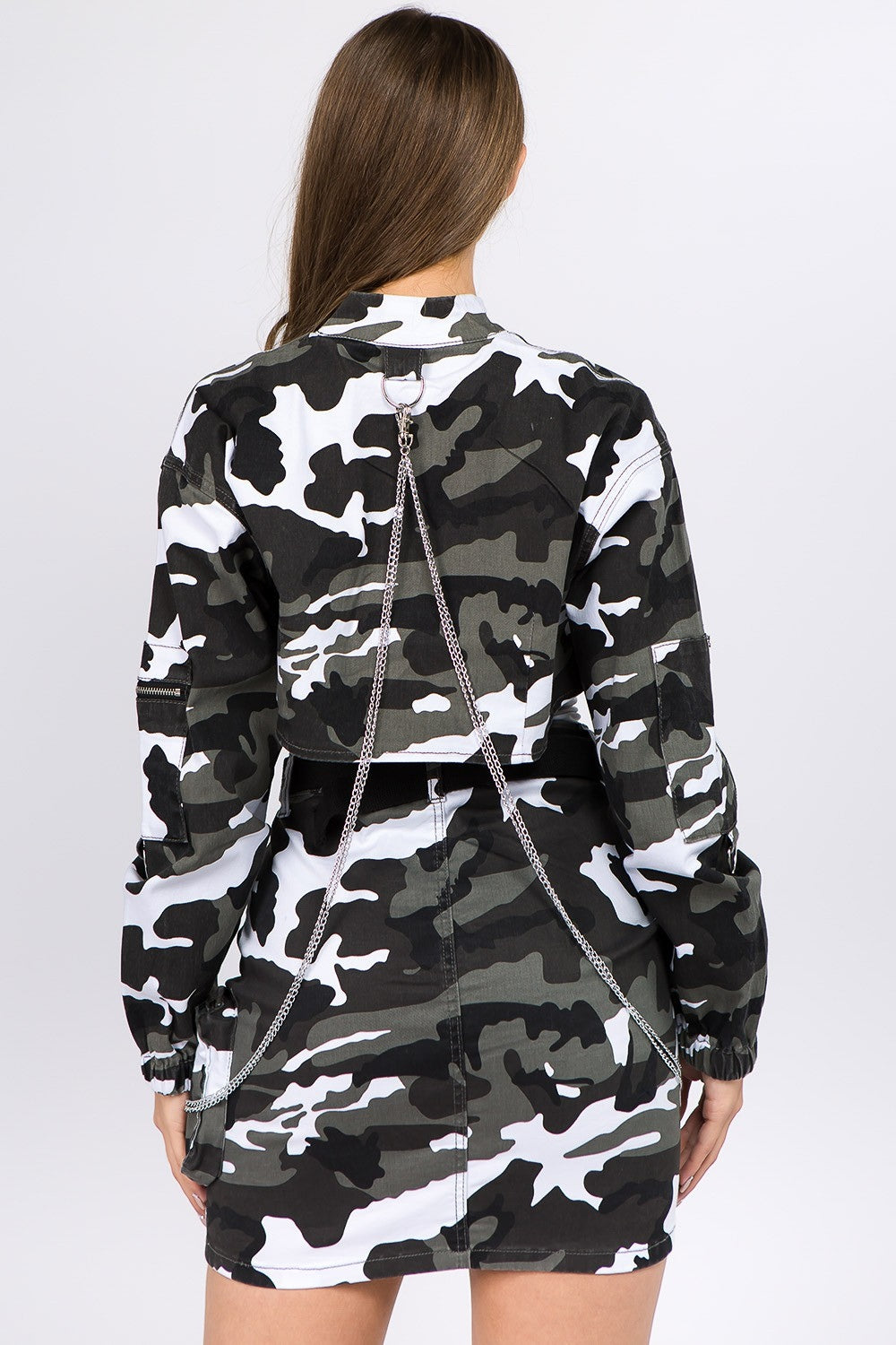 Camouflage Cropped Jacket with Chains