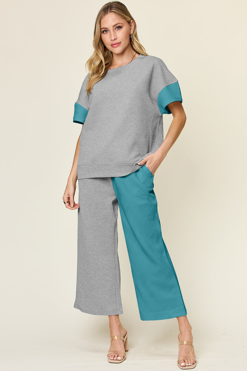 Full Size Texture Contrast T-Shirt and Wide Leg Pants Set