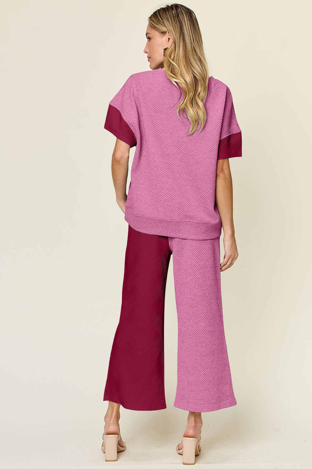 Full Size Texture Contrast T-Shirt and Wide Leg Pants Set