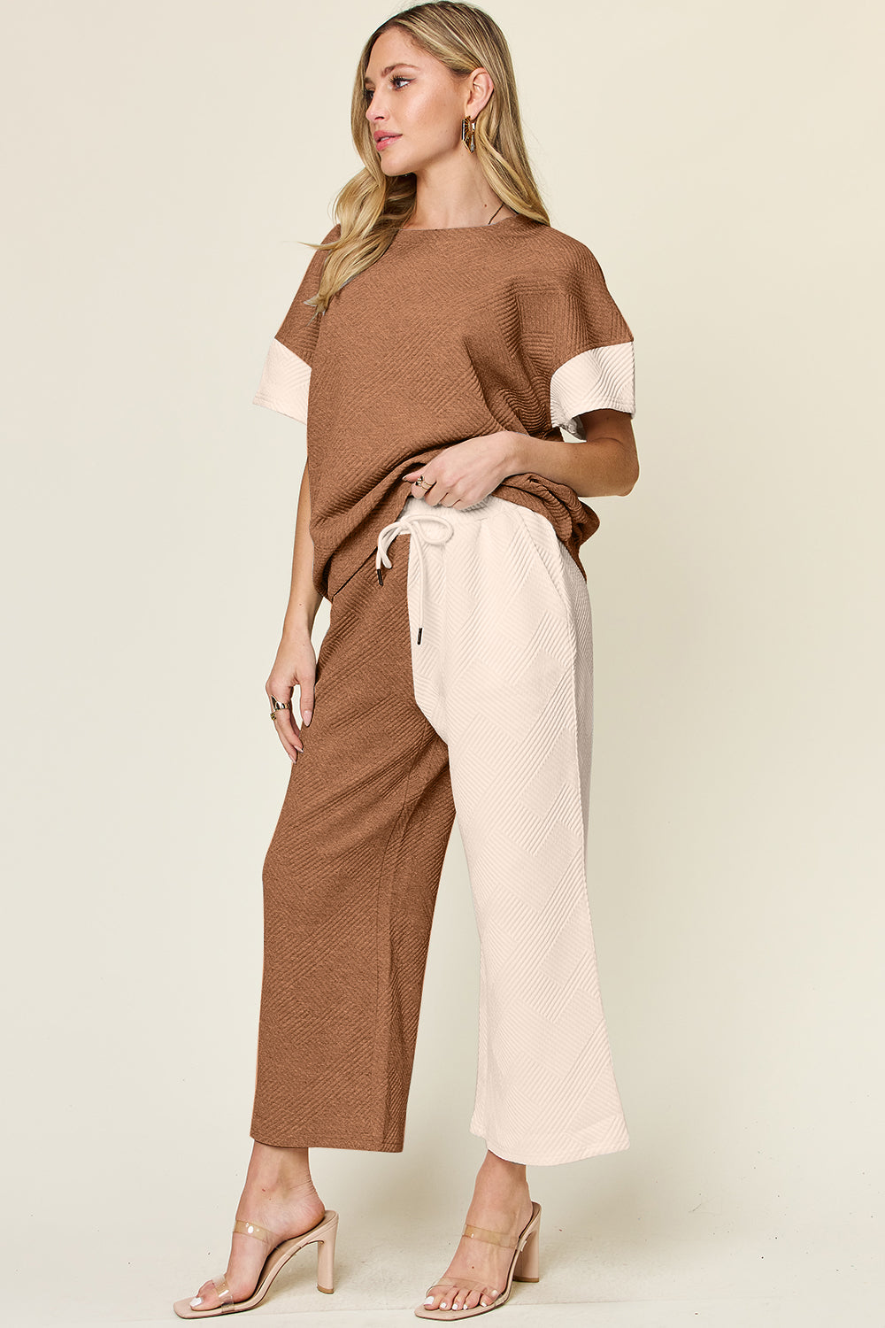 Full Size Texture Contrast T-Shirt and Wide Leg Pants Set