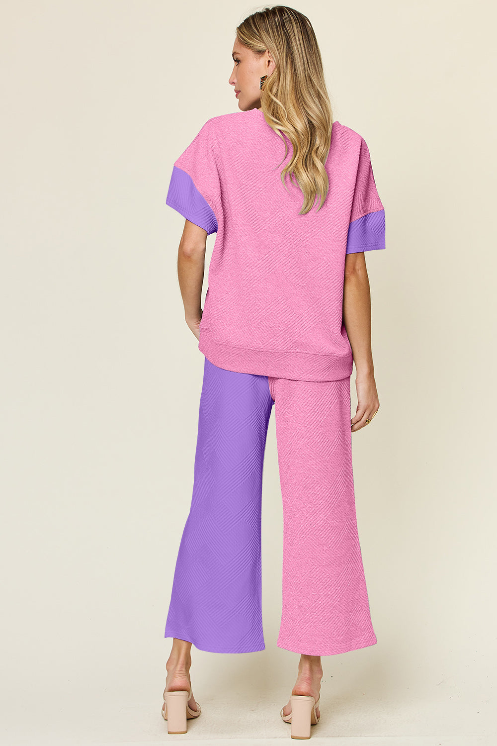 Full Size Texture Contrast T-Shirt and Wide Leg Pants Set