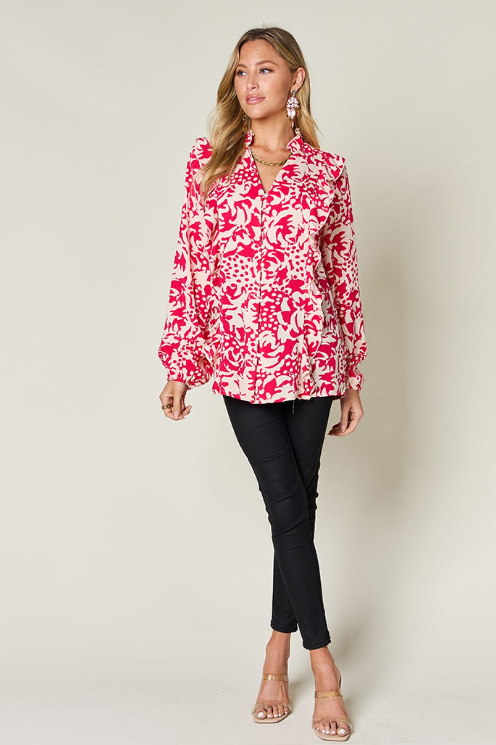 Full Size Printed Ruffle Trim Balloon Sleeve Shirt