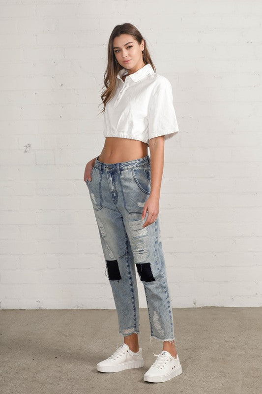 Patched Ripped Frayed Crop Jeans