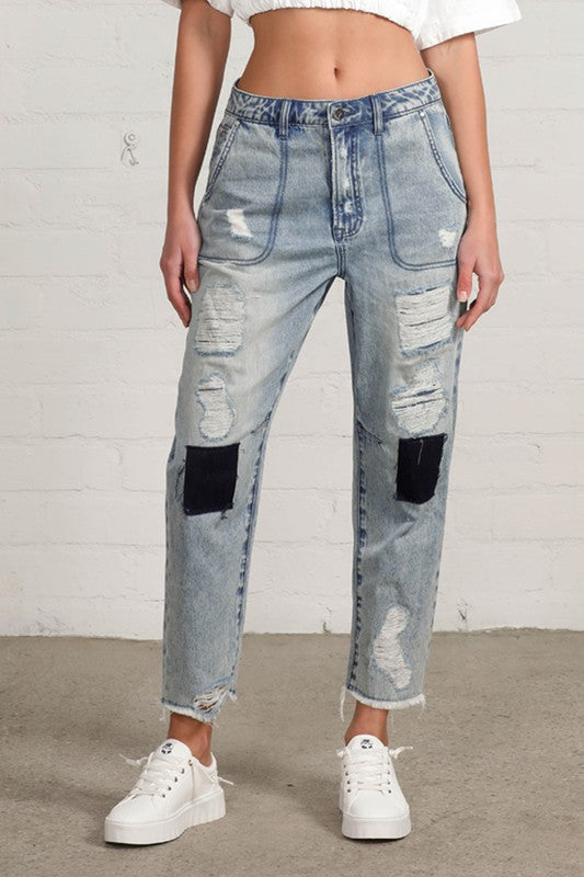 Patched Ripped Frayed Crop Jeans