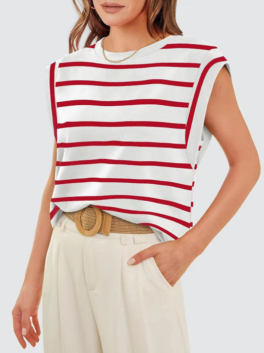 Striped Round Neck Cap Sleeve T-Shirt