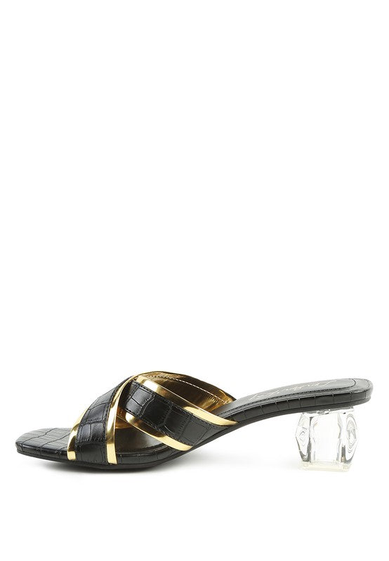 STELLAR GOLD LINE CROC TEXTURED LOW HEEL SANDALS