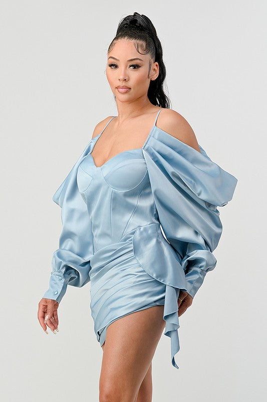 Elegant Puff Shoulder Satin Mini Dress