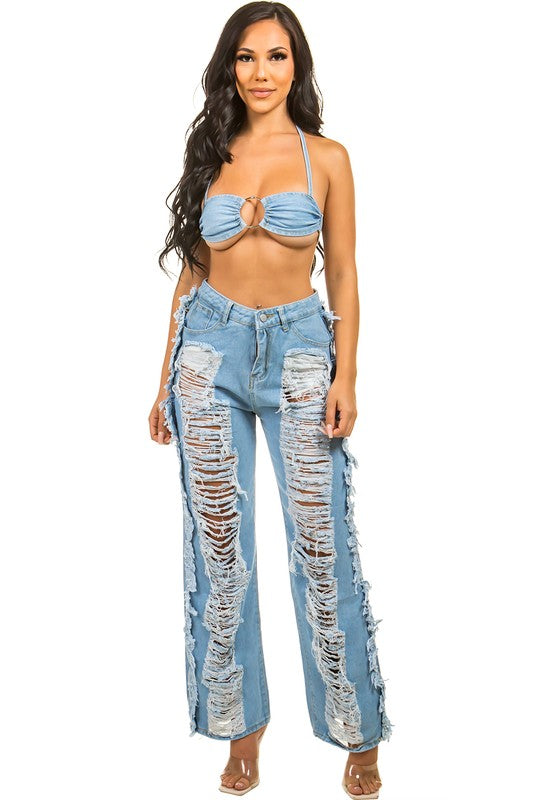 ENSEMBLE PANTALON DEUX PIÈCES EN DENIM SEXY