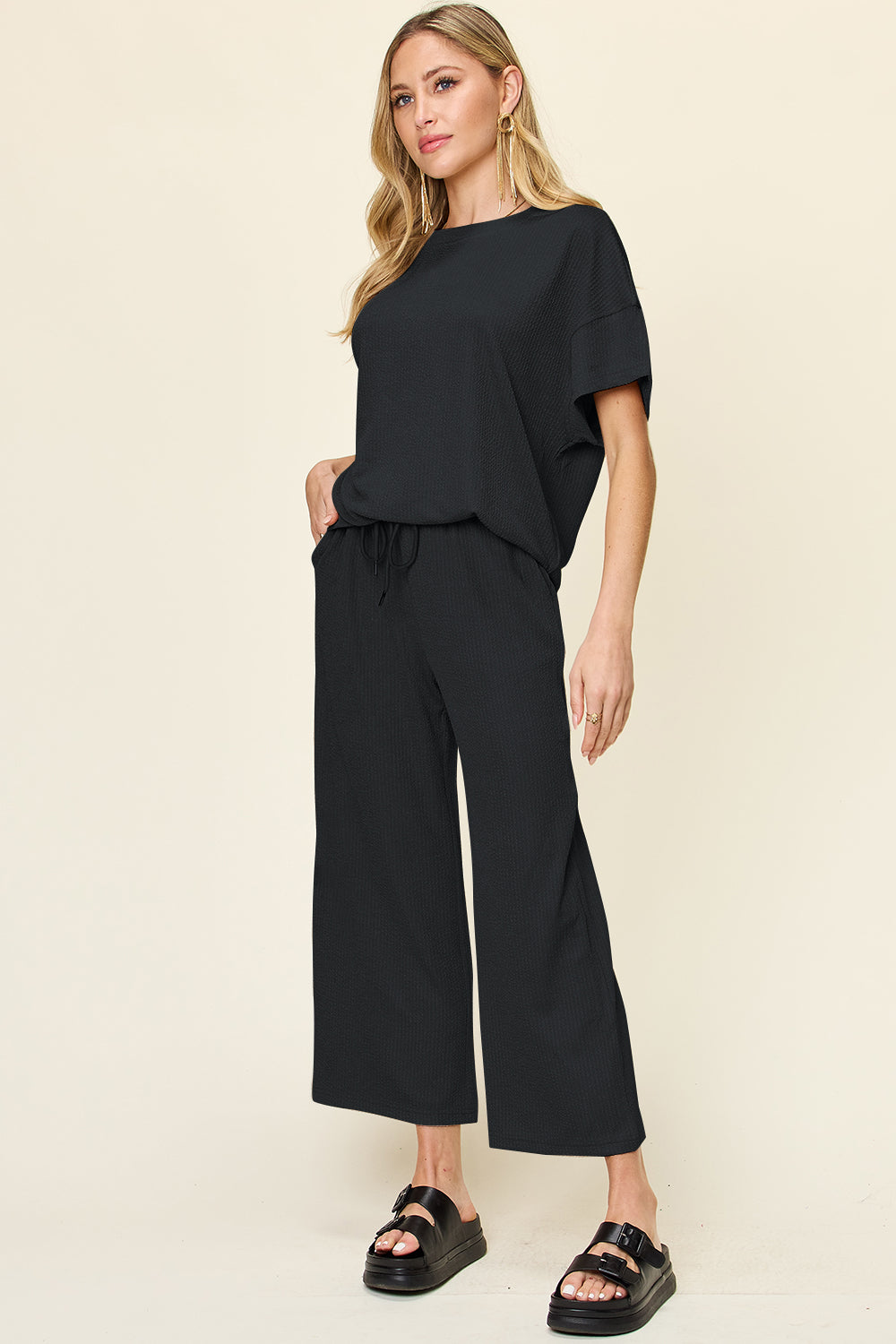 Full Size Texture Round Neck Short Sleeve T-Shirt and Wide Leg Pants