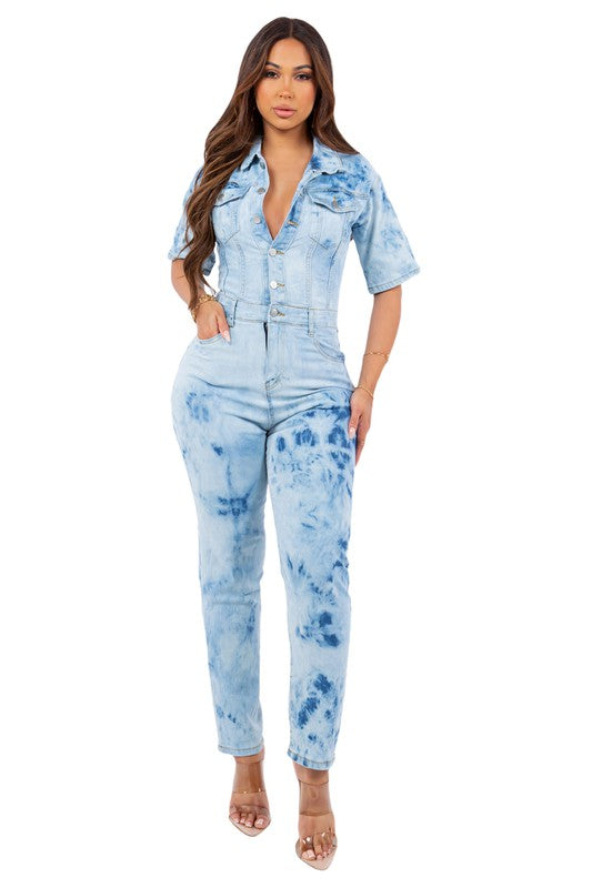 TIE DIE DENIM JUMPSUIT