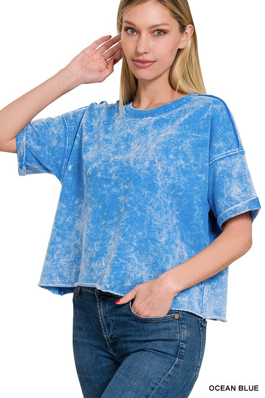 French Terry Acid Wash Raw Edge Crop Top