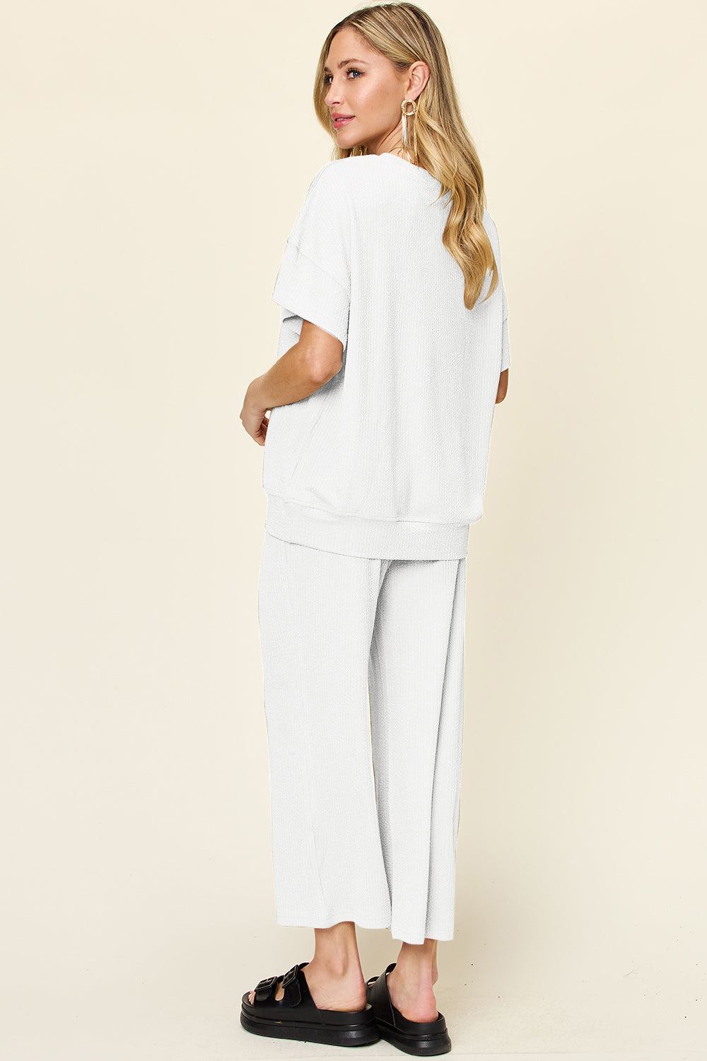 Full Size Texture Round Neck Short Sleeve T-Shirt and Wide Leg Pants