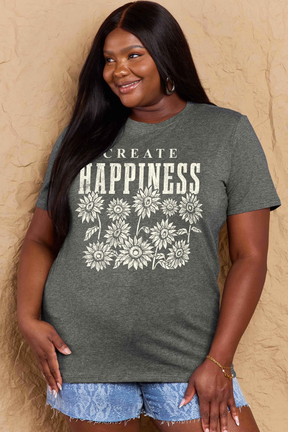 Full Size CREATE HAPPINESS Graphic Cotton T-Shirt