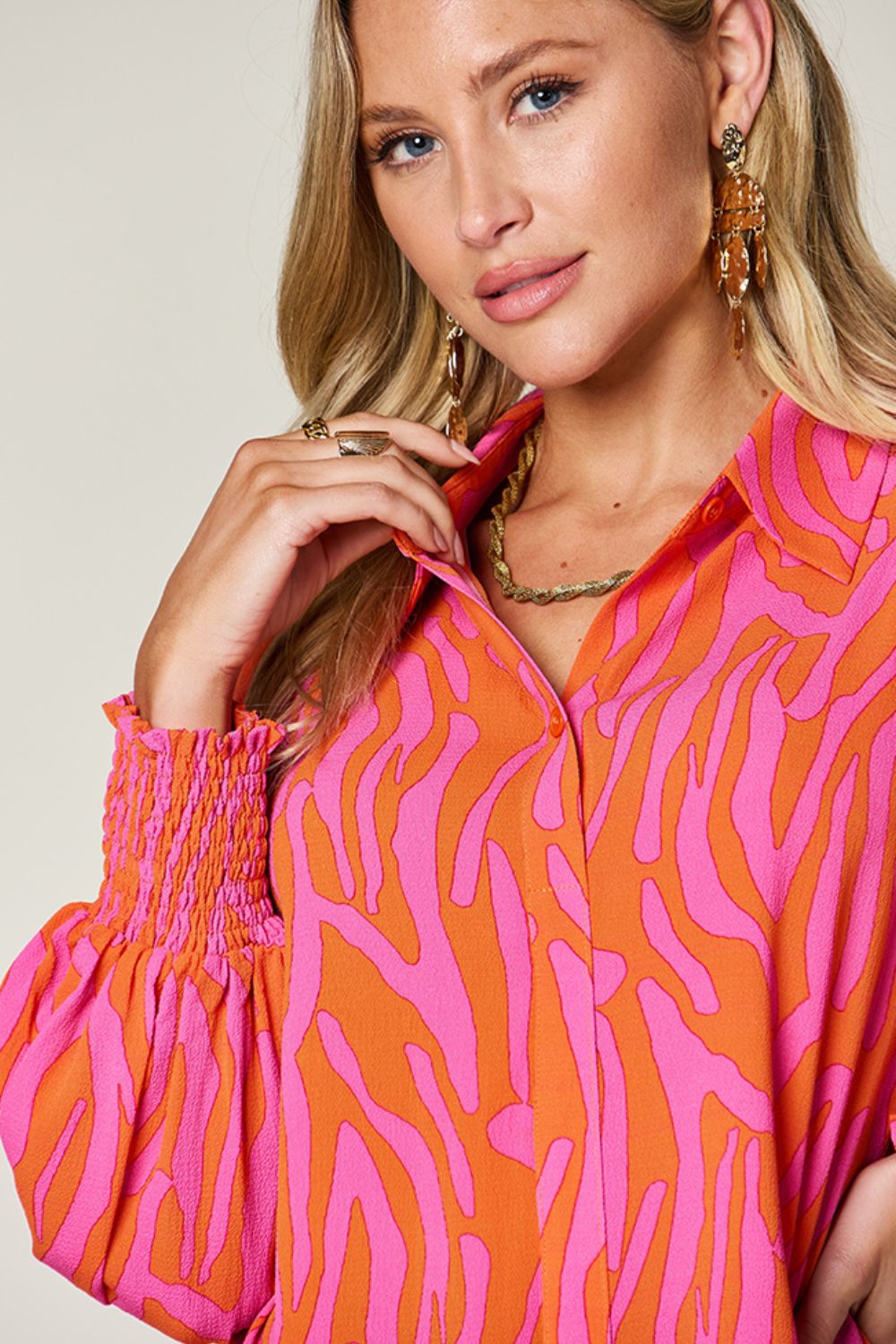 Full Size Printed Smocked Long Sleeve Blouse