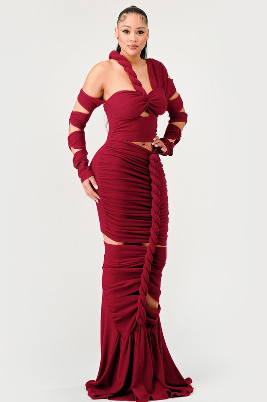 Long Sleeve Wrap Rope Maxi Dress