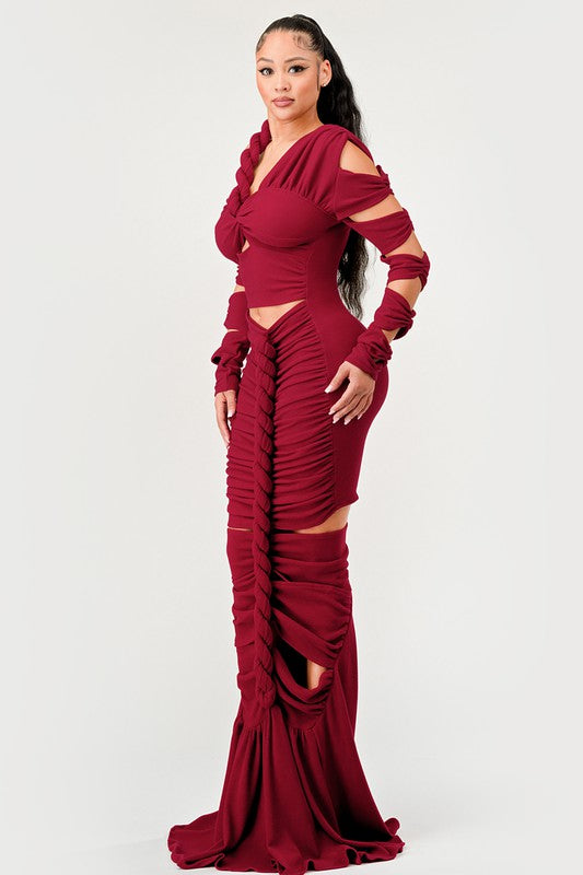 Long Sleeve Wrap Rope Maxi Dress