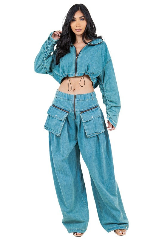 DENIM TWO PIECE PANT SET