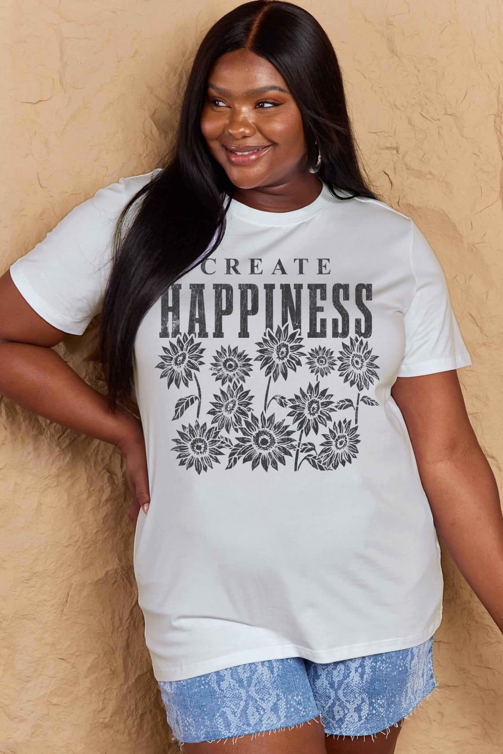 Full Size CREATE HAPPINESS Graphic Cotton T-Shirt