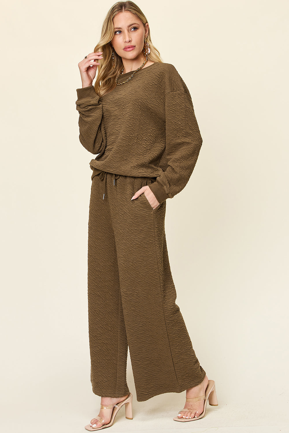 Full Size Texture Long Sleeve Top and Pants Set