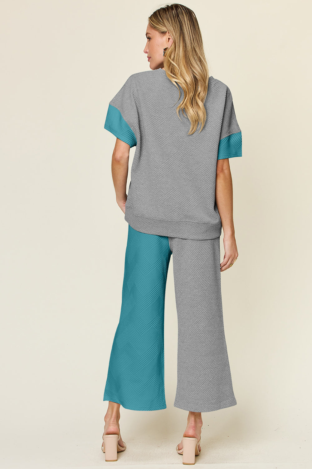 Full Size Texture Contrast T-Shirt and Wide Leg Pants Set