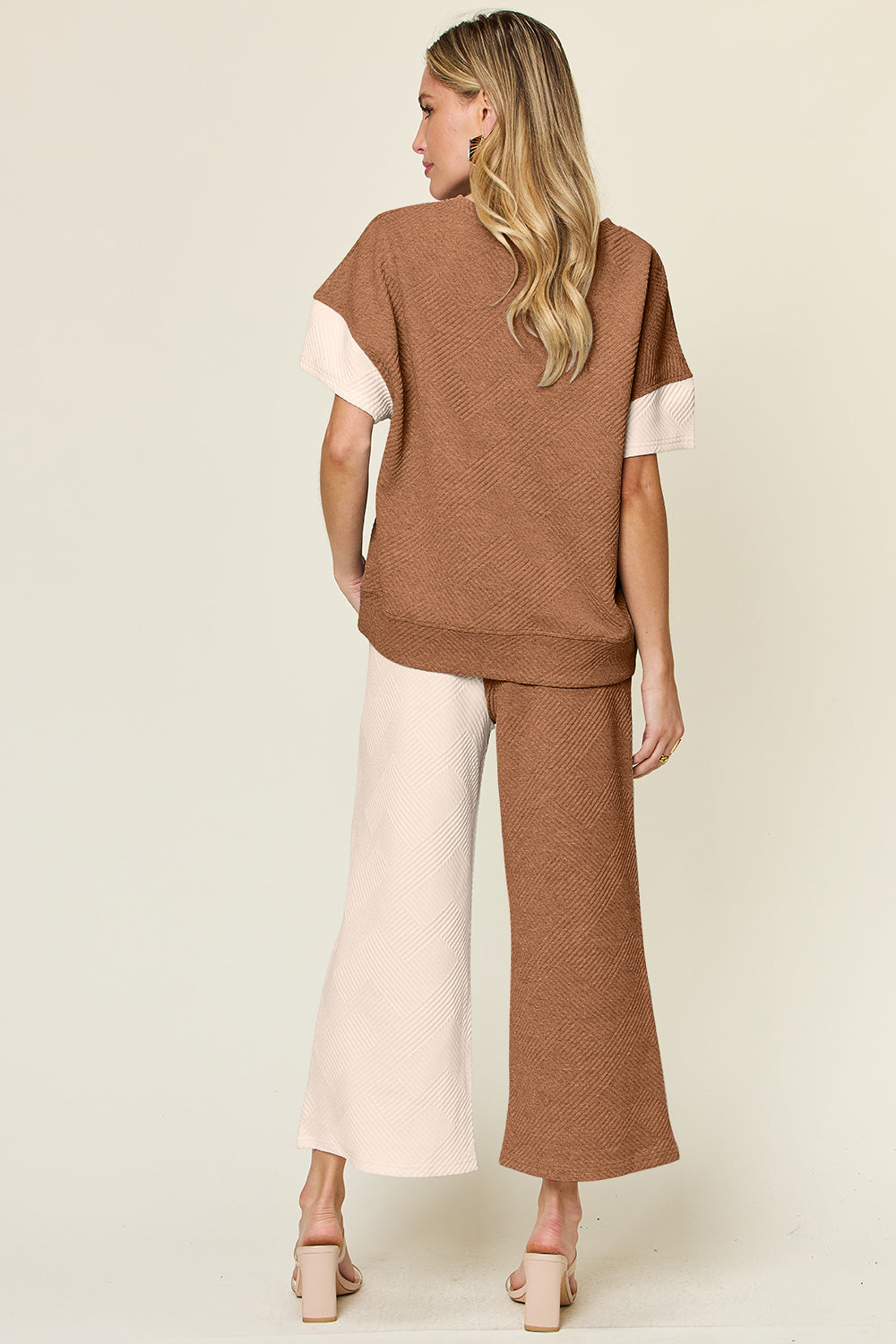 Full Size Texture Contrast T-Shirt and Wide Leg Pants Set