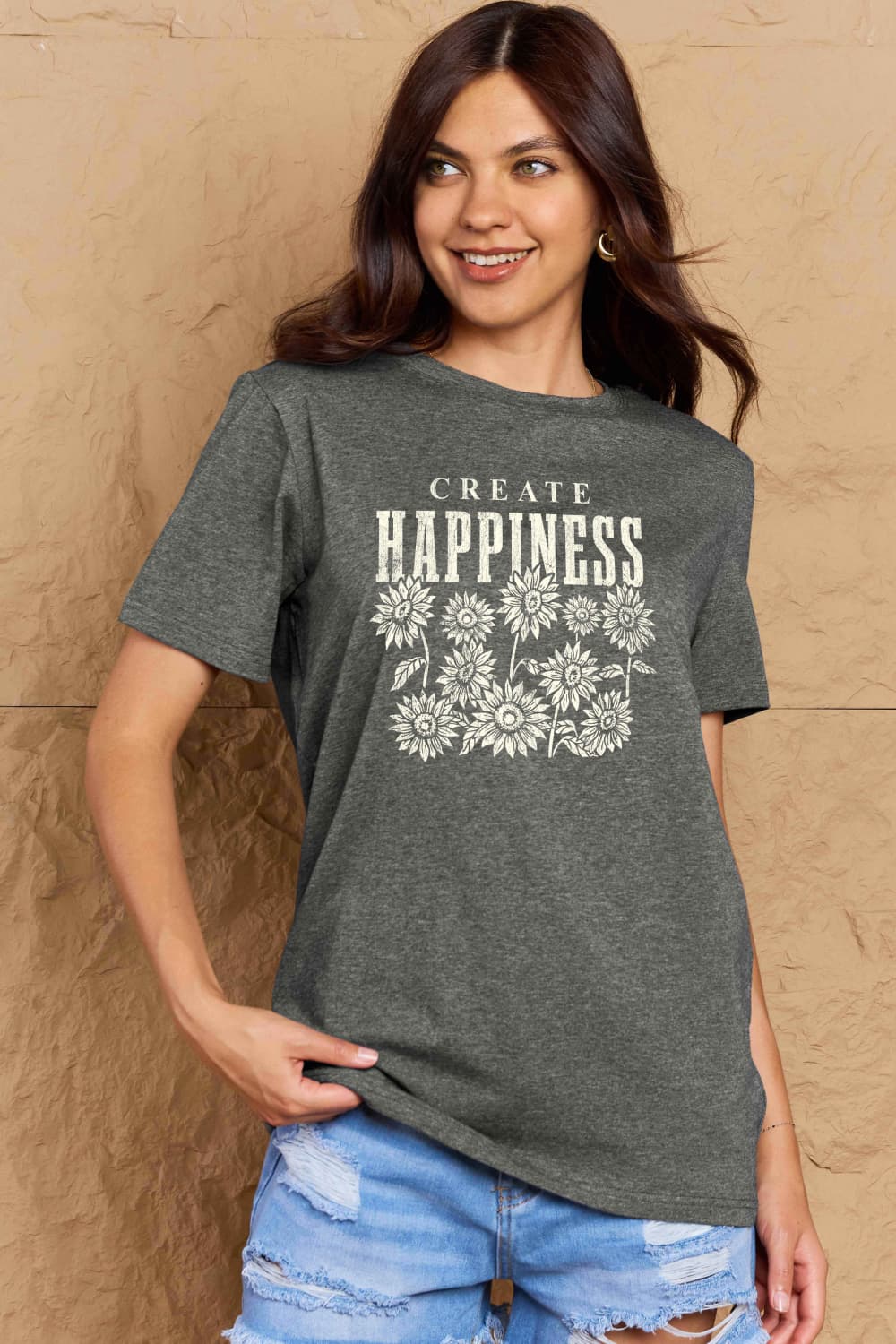 Full Size CREATE HAPPINESS Graphic Cotton T-Shirt