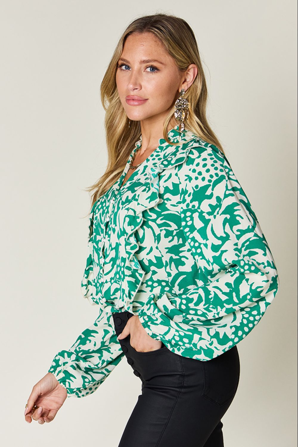 Full Size Printed Ruffle Trim Balloon Sleeve Shirt