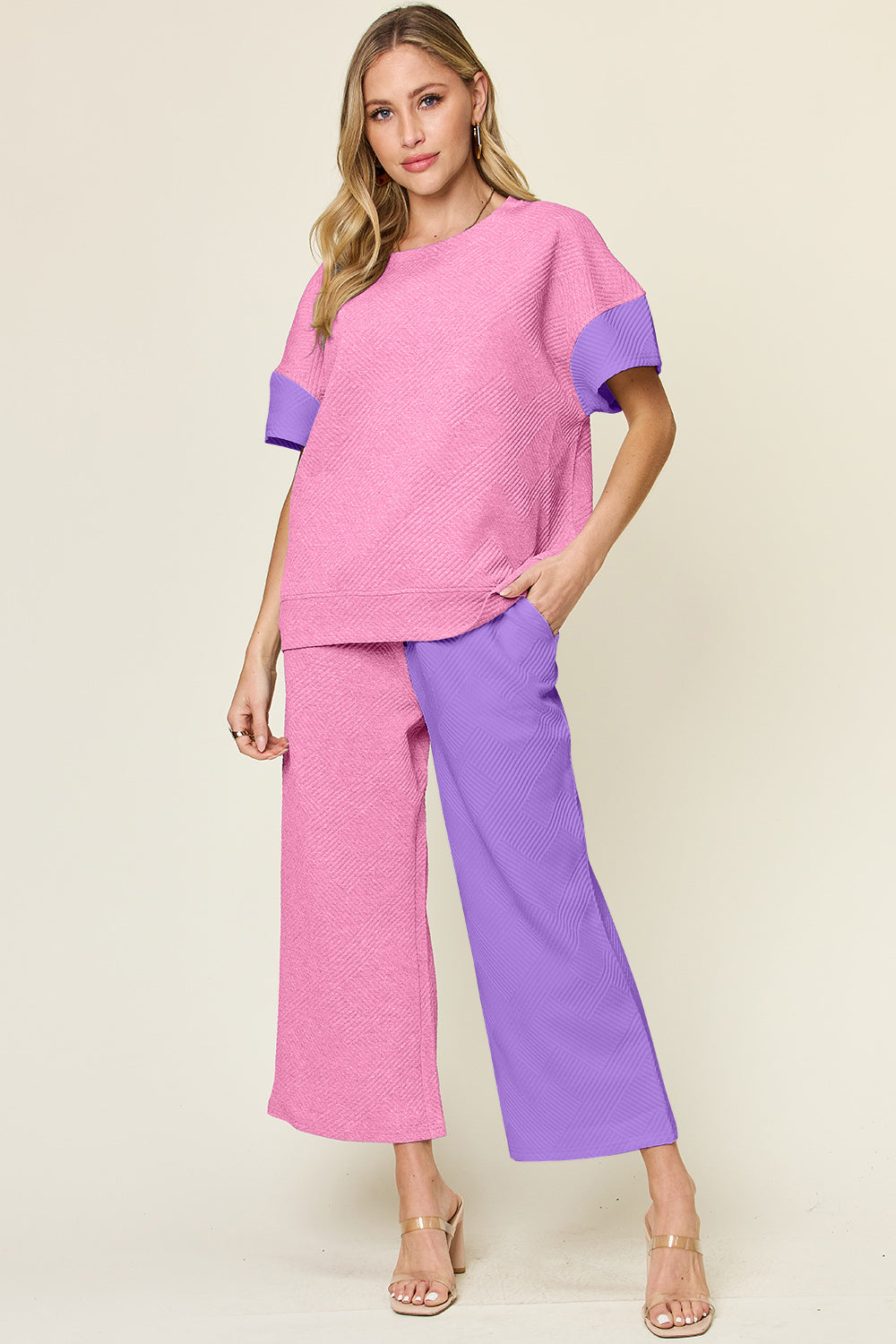 Full Size Texture Contrast T-Shirt and Wide Leg Pants Set