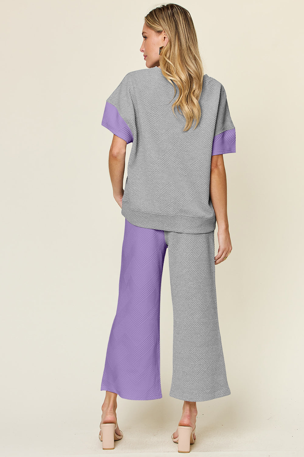 Full Size Texture Contrast T-Shirt and Wide Leg Pants Set