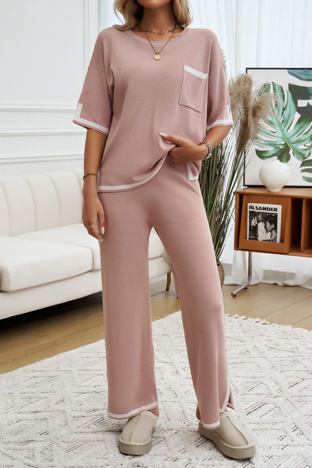 Devine Contrast Trim Half Sleeve Top and Pants Set