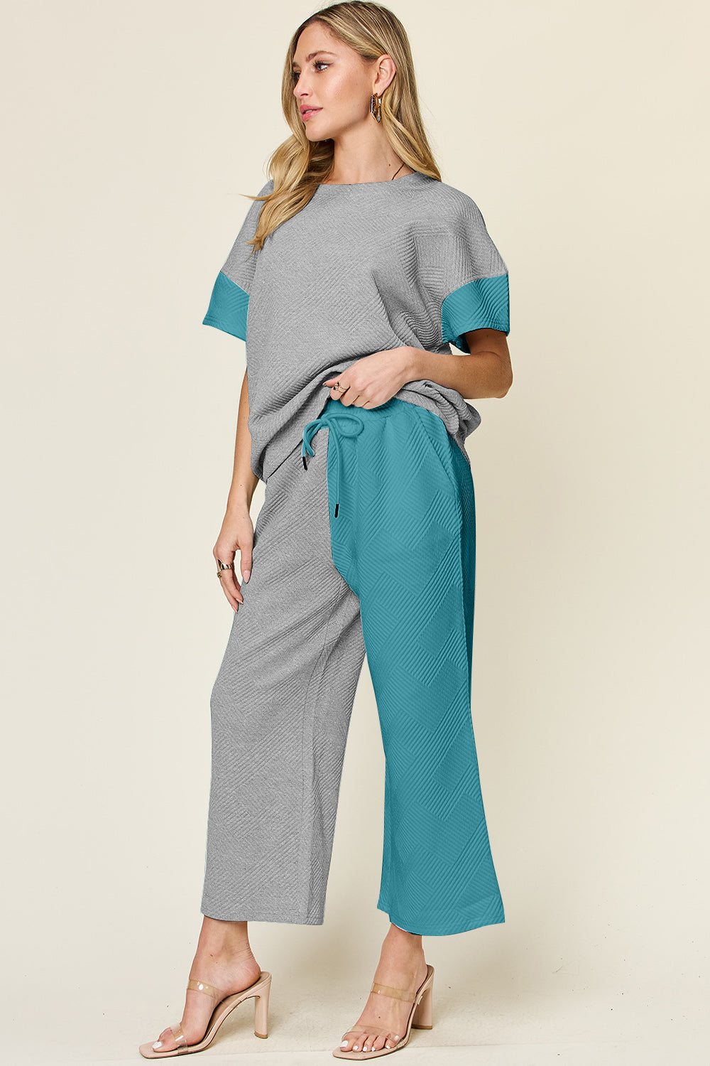 Full Size Texture Contrast T-Shirt and Wide Leg Pants Set