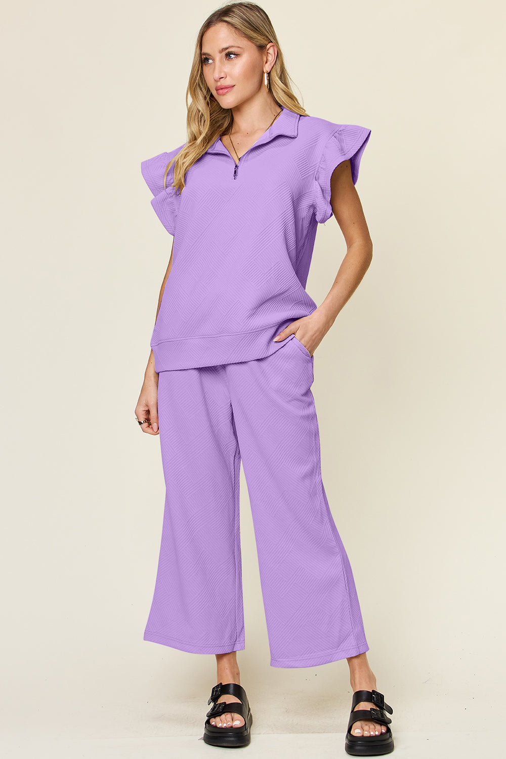 Texture Ruffle Short Sleeve Top and Drawstring Wide Leg Pants Set