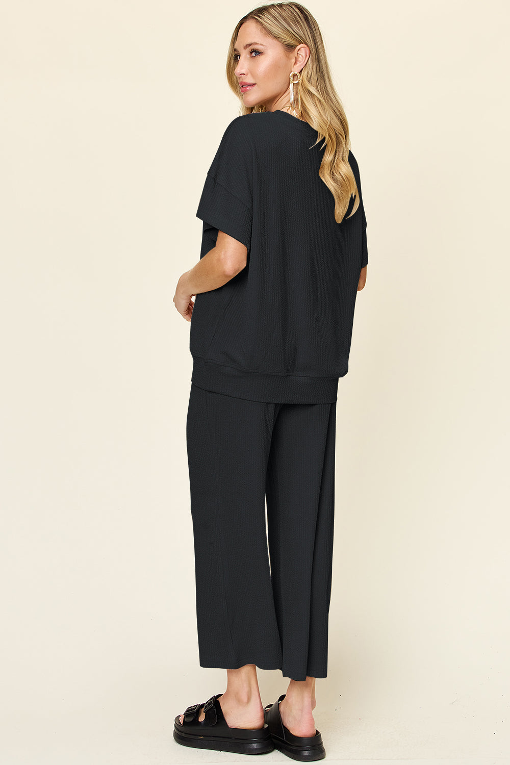 Full Size Texture Round Neck Short Sleeve T-Shirt and Wide Leg Pants