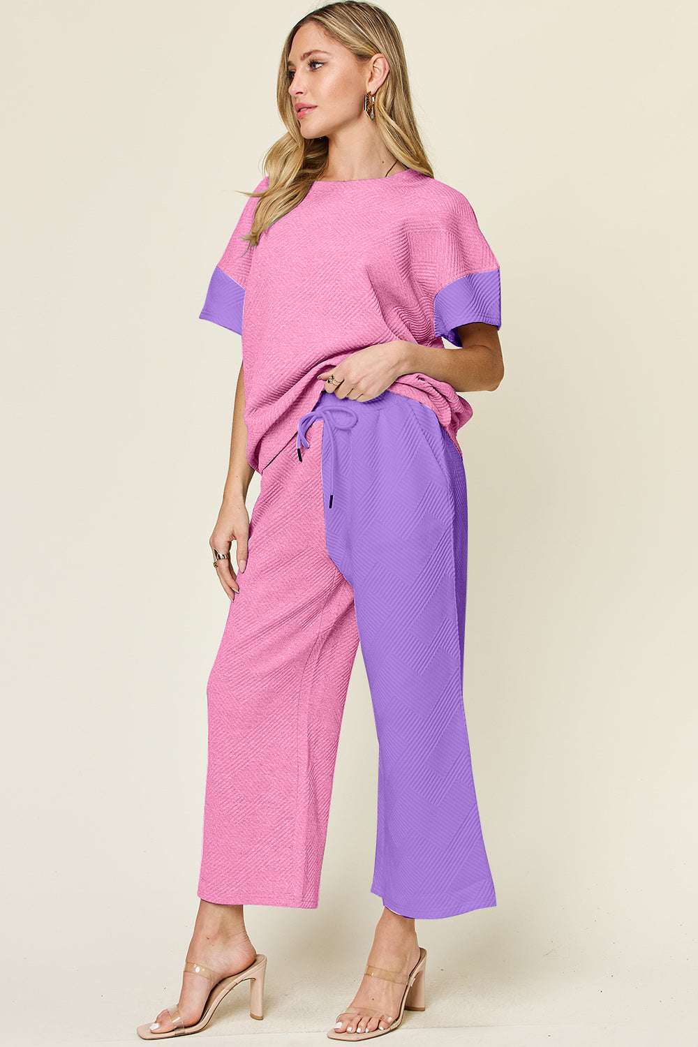 Full Size Texture Contrast T-Shirt and Wide Leg Pants Set