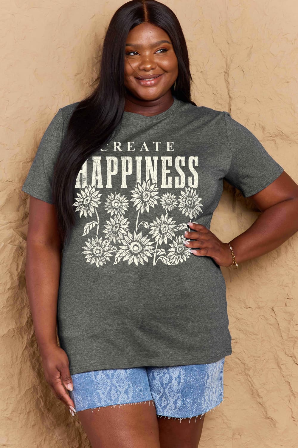 Full Size CREATE HAPPINESS Graphic Cotton T-Shirt