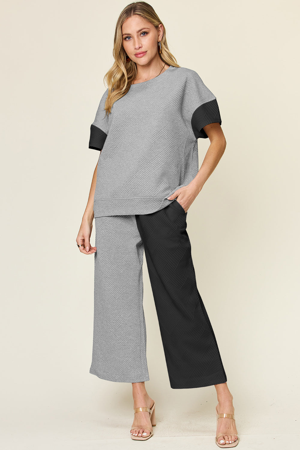 Full Size Texture Contrast T-Shirt and Wide Leg Pants Set