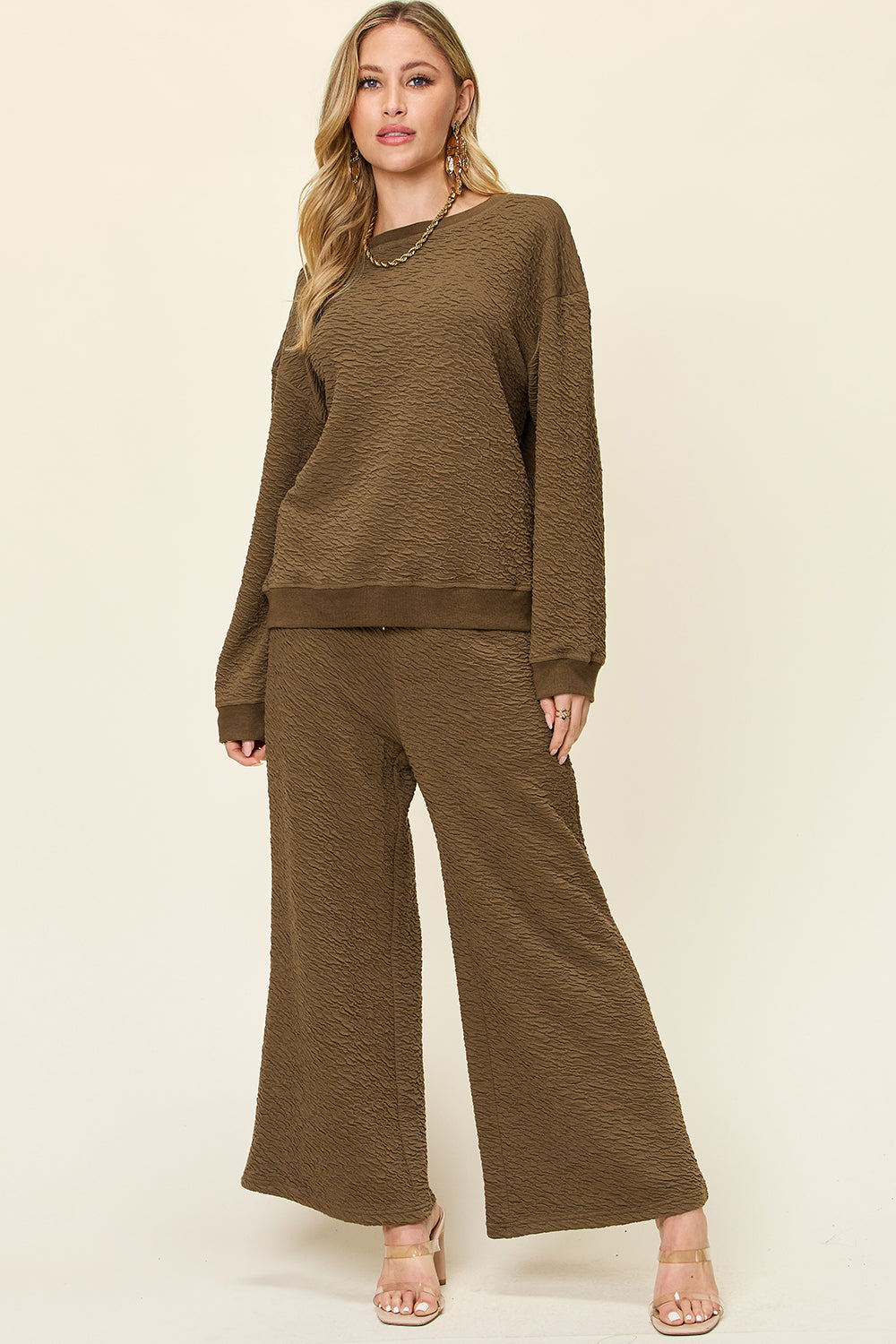 Full Size Texture Long Sleeve Top and Pants Set