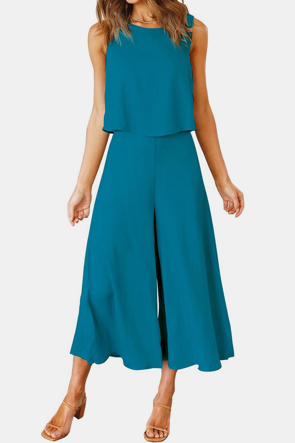 Round Neck Top and Wide Leg Pants Set