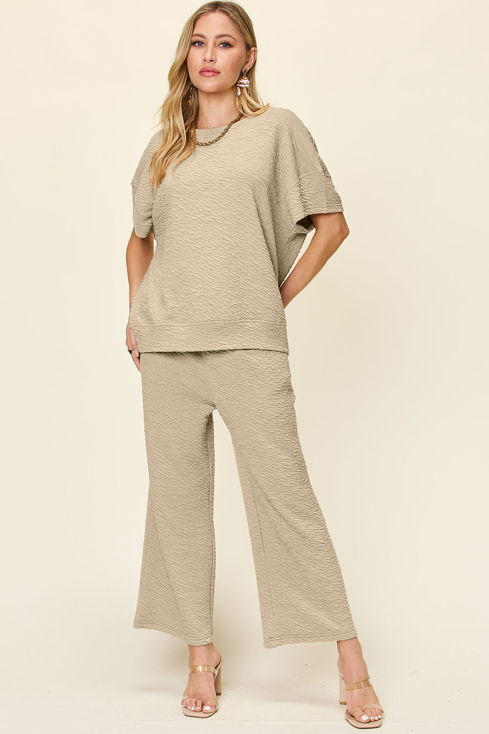 Full Size Texture Short Sleeve Top and Pants Set