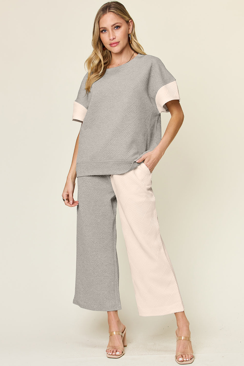 Full Size Texture Contrast T-Shirt and Wide Leg Pants Set