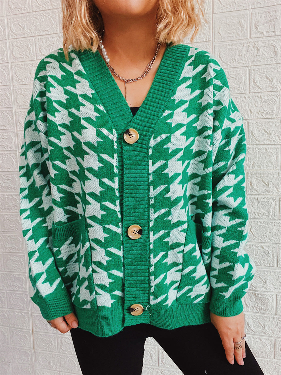 Houndstooth Botton Front  Cardigan with Pockets