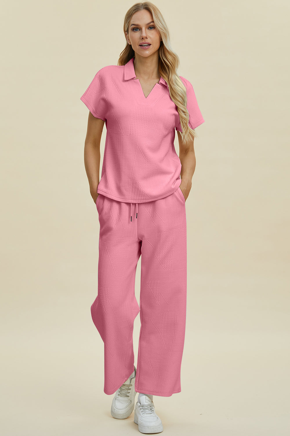 Double Take Full Size Collared Neck Short Sleeve Top and Pants Set