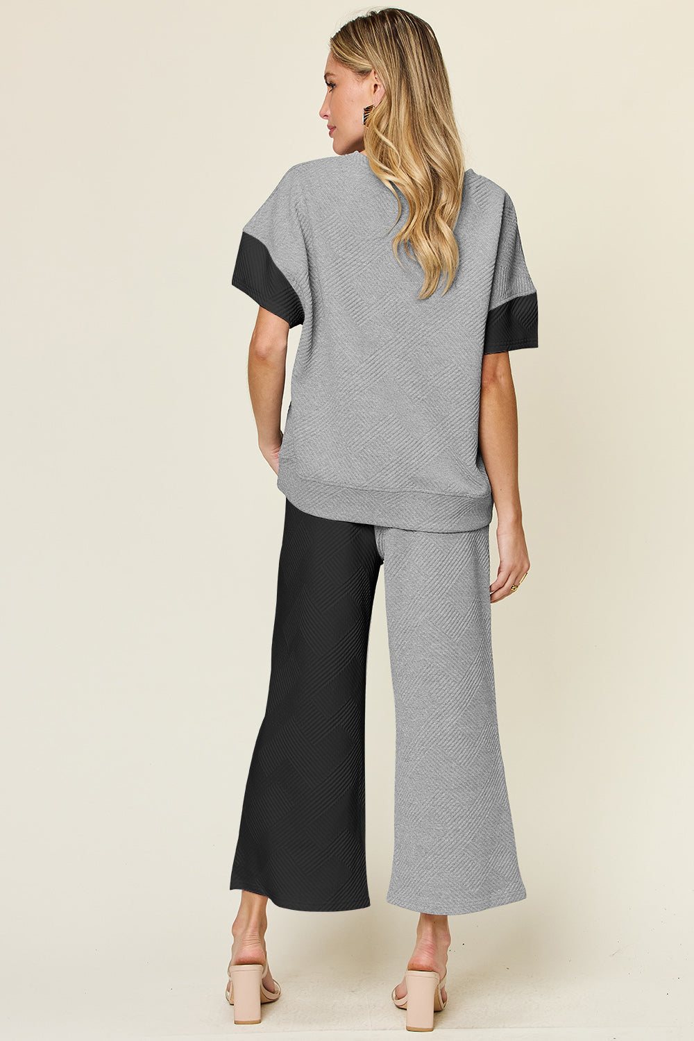 Full Size Texture Contrast T-Shirt and Wide Leg Pants Set