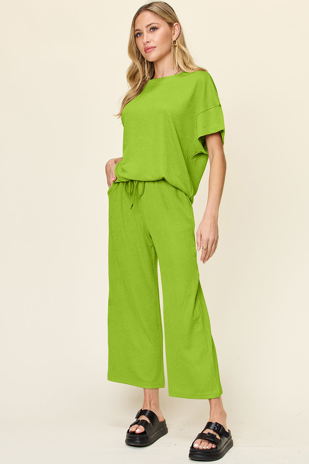 Full Size Texture Round Neck Short Sleeve T-Shirt and Wide Leg Pants