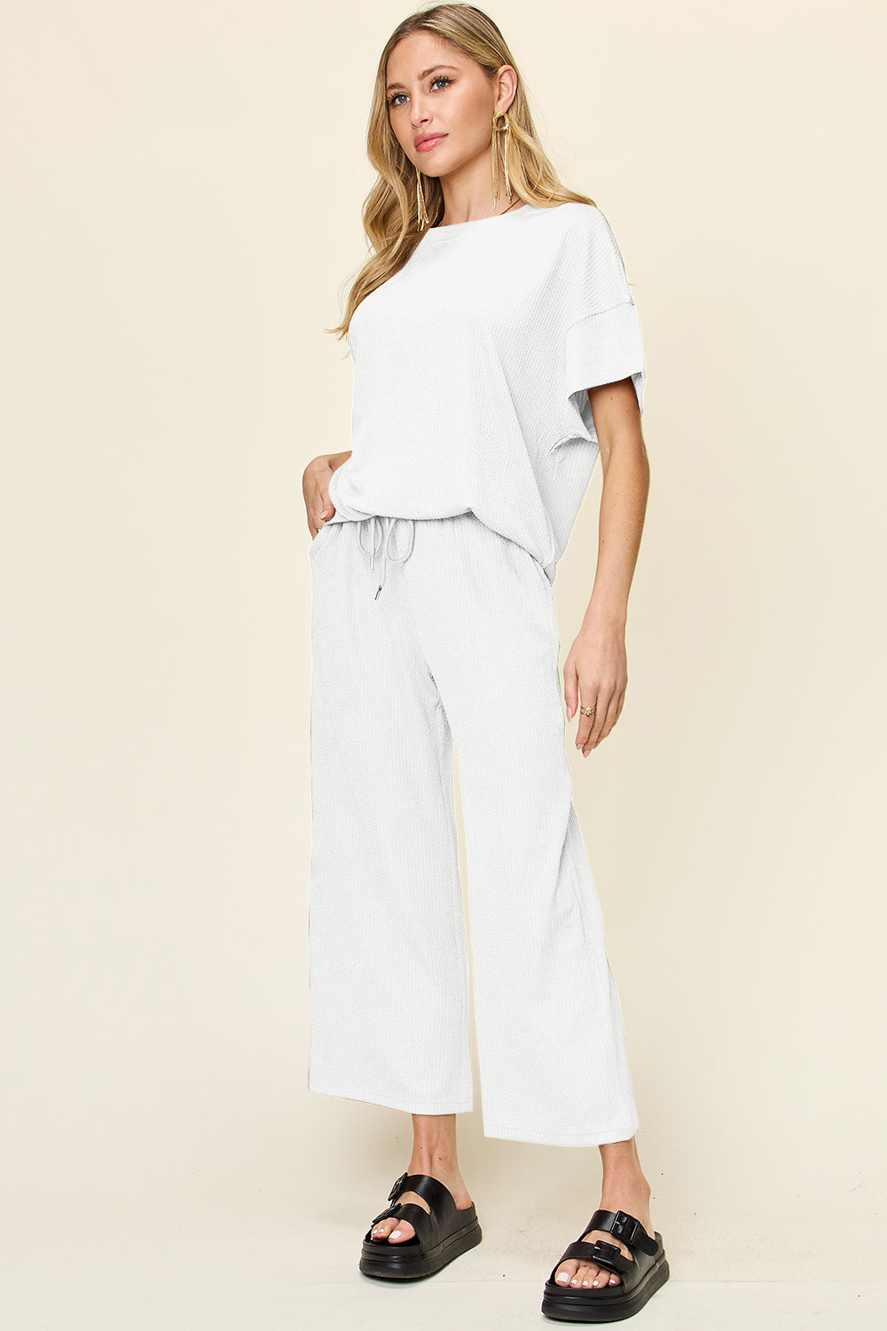 Full Size Texture Round Neck Short Sleeve T-Shirt and Wide Leg Pants