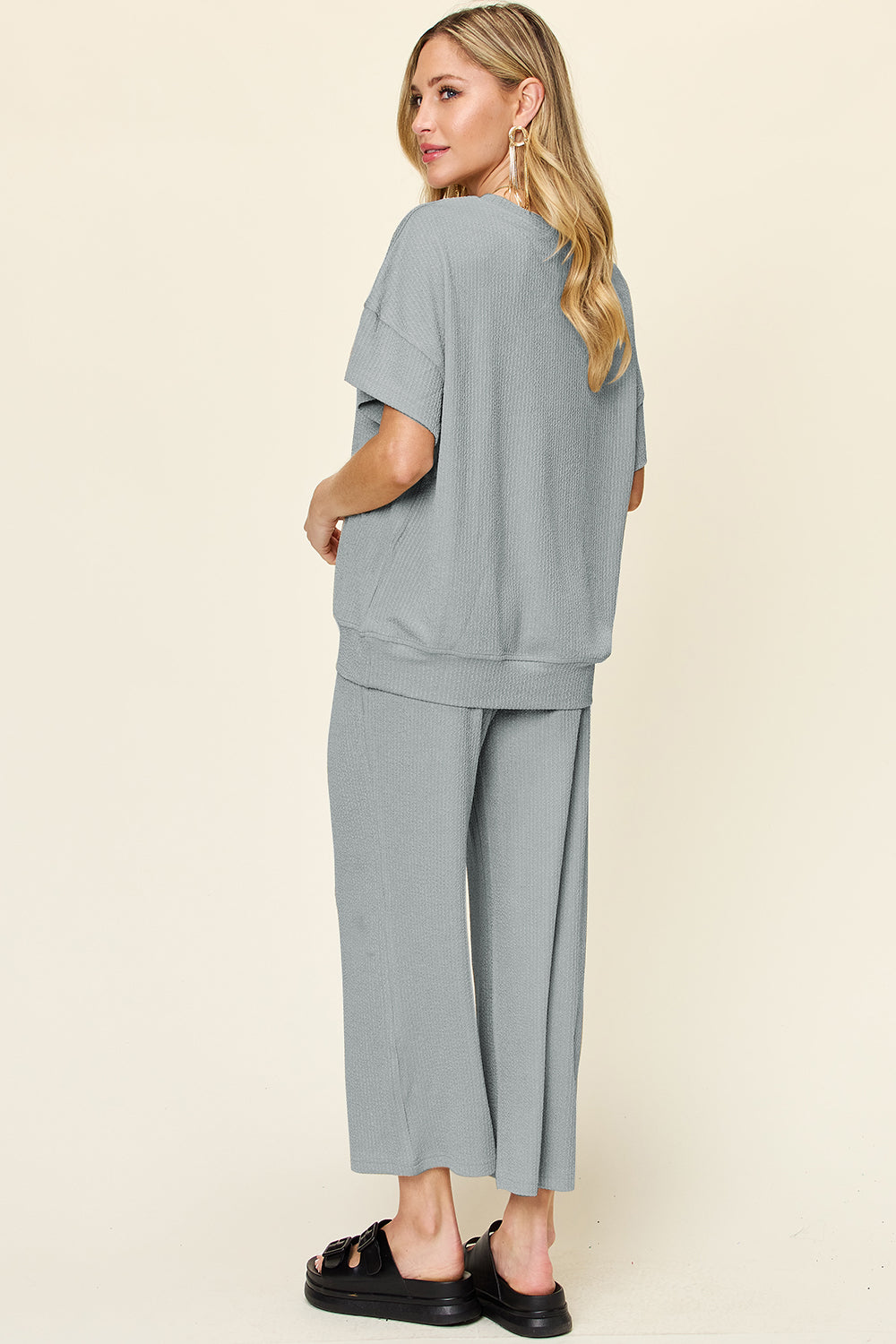 Full Size Texture Round Neck Short Sleeve T-Shirt and Wide Leg Pants