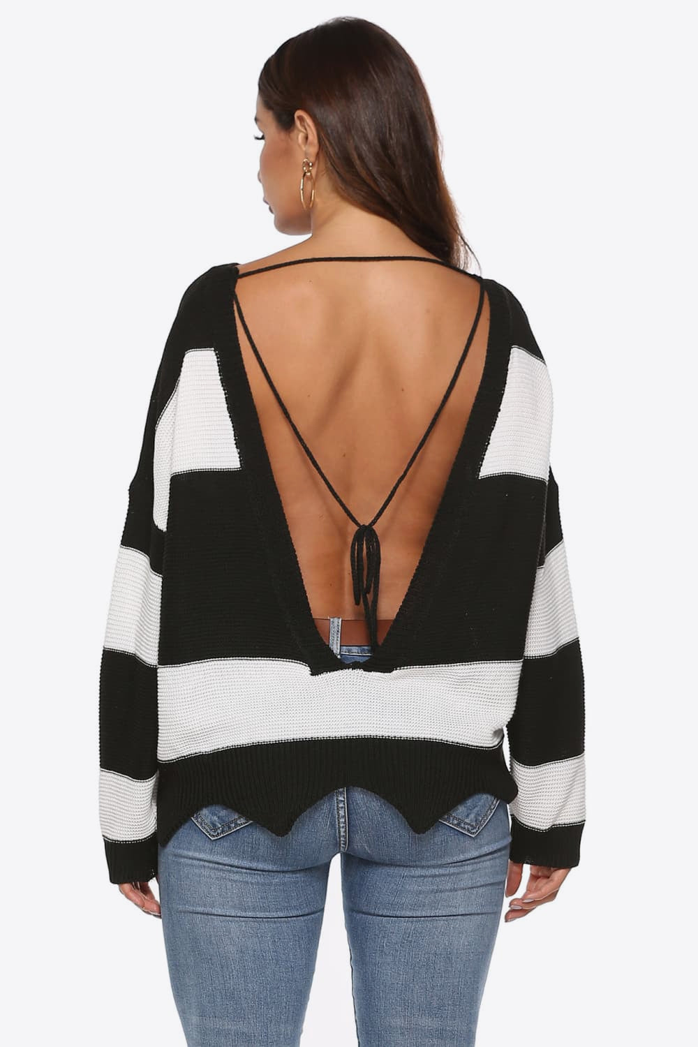 Color Block Backless Long Sleeve Sweater