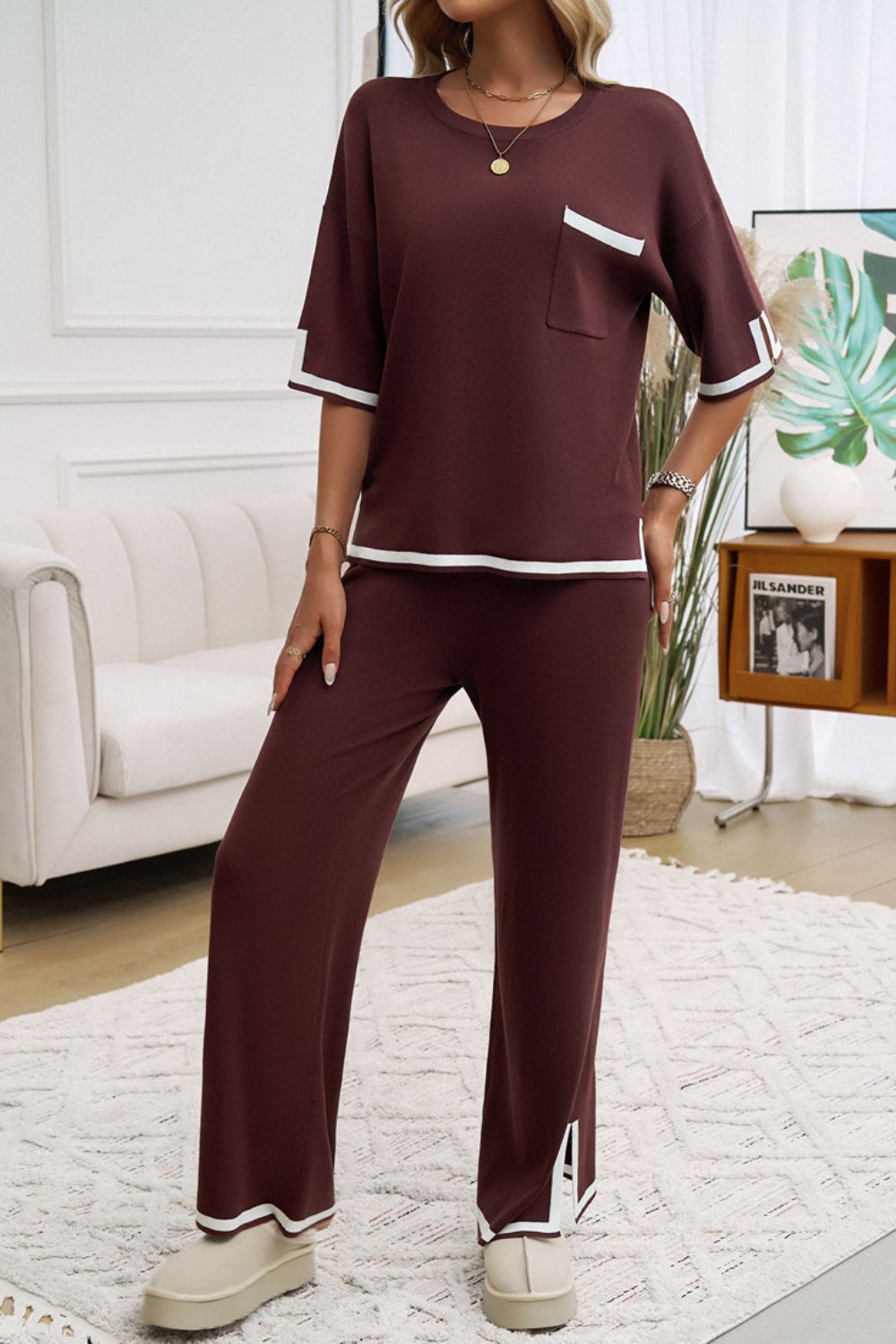 Devine Contrast Trim Half Sleeve Top and Pants Set