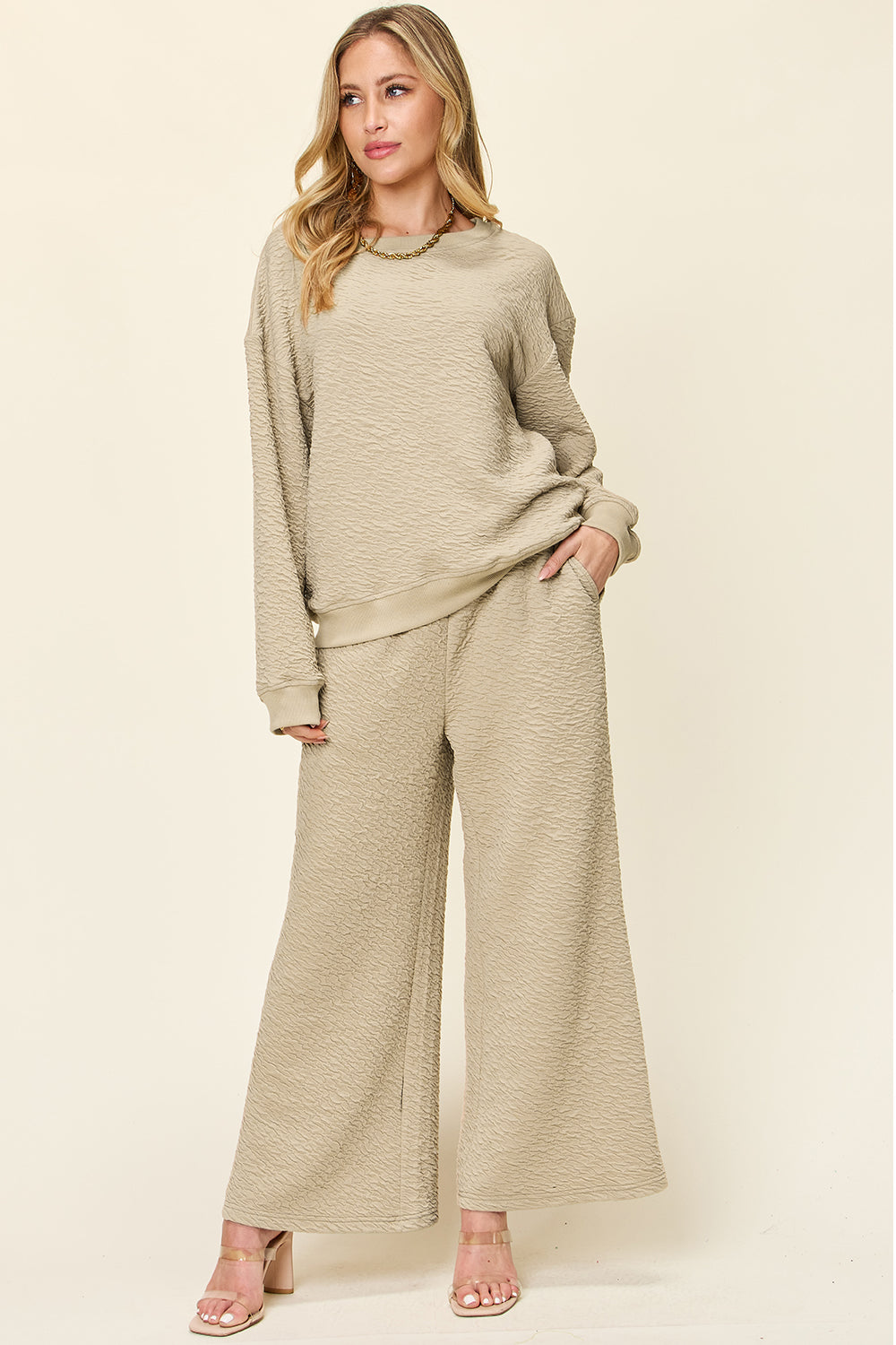 Full Size Texture Long Sleeve Top and Pants Set