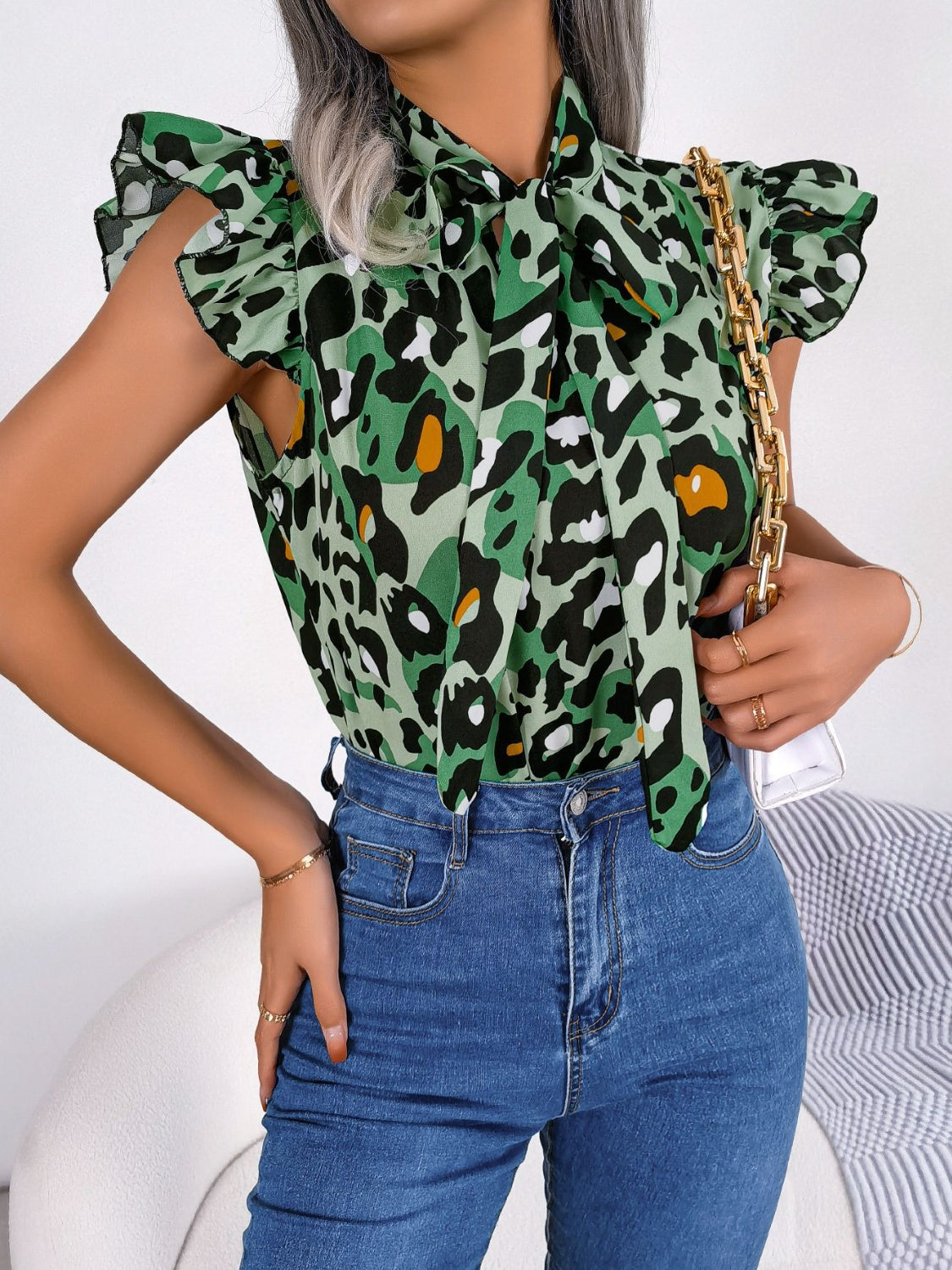 Leopard Tie Neck Cap Sleeve Blouse